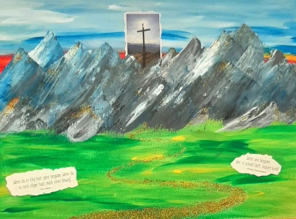 Bild einer Berglandschaft mit Gipfelkreuz gemalt mit Acryl