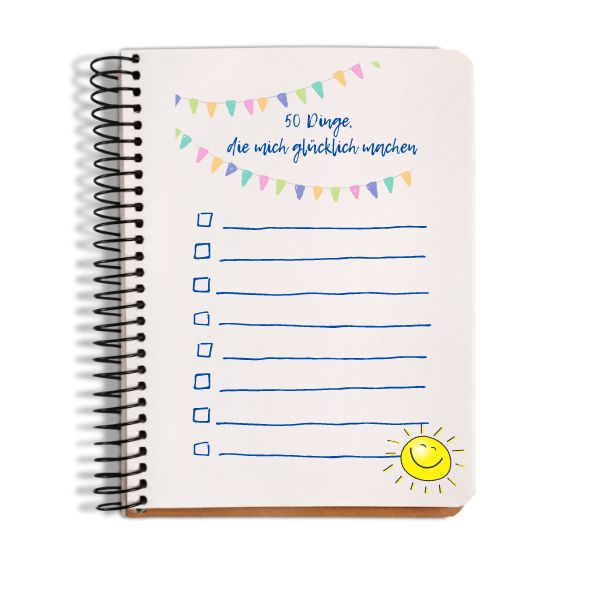 Bild mit einer Liste, mit der Überschrift "50 Dinge, die dich glücklich machen", darunter Checkboxen und Linien zum Ausfüllen