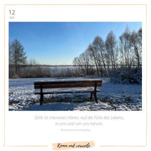 Kalenderblatt im Dezember, Bank im Schnee mit Blick auf den Cospudener See