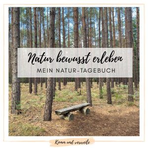 eine Bank in mitten hoher Bäume - eine echte Verweilebank. Dazu geschrieben "Natur bewusst erleben - mein Natur-Tagebuch