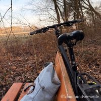 Fahrrad Rucksack und eine Bank Naturerlebnis im Wald