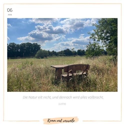 Holzbank am Feldrand mit Blick über eine weite Sommerlandschaft unter blauem Himmel mit Wolken. Kalenderblatt Juni 2026 mit einem Zitat von Laotse.